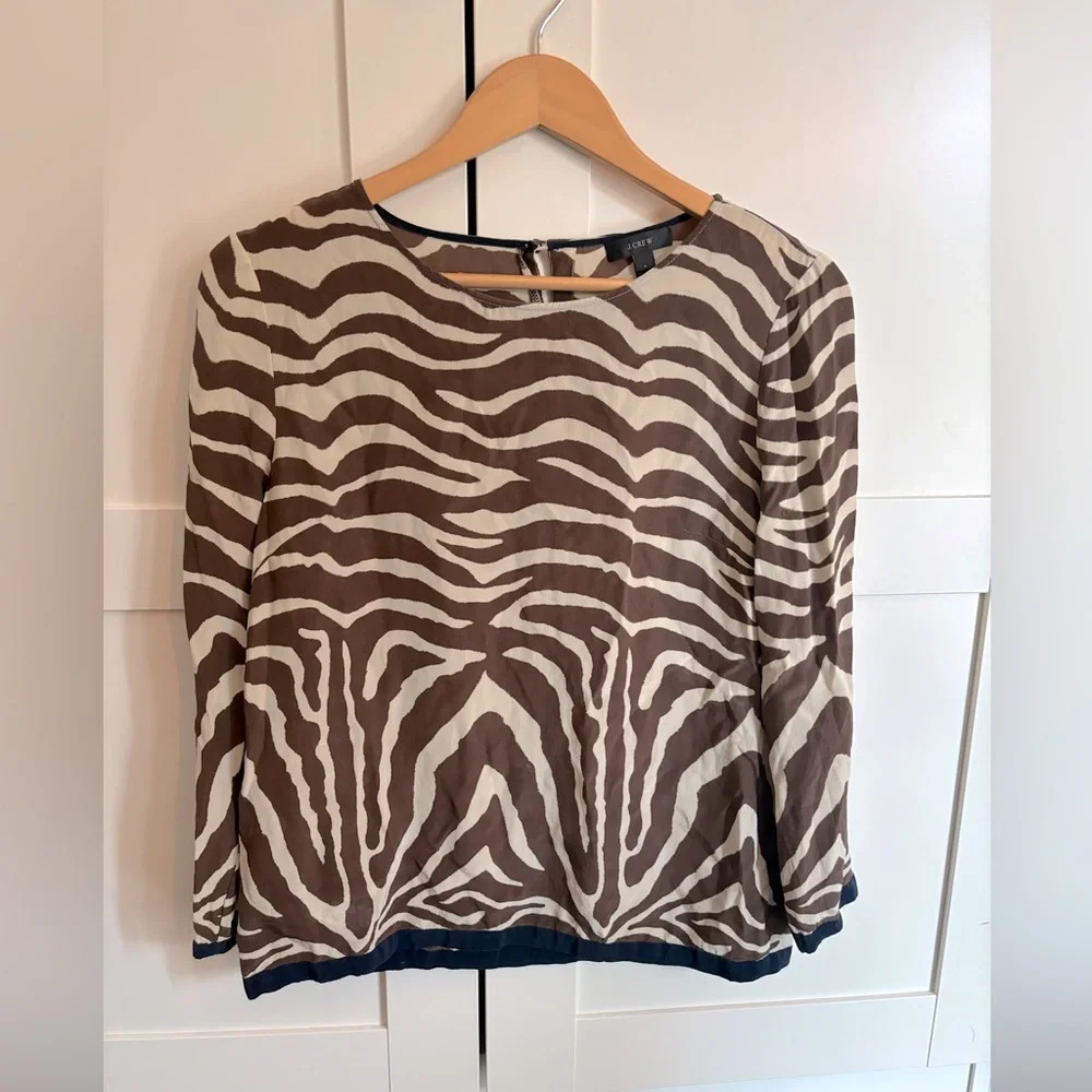 J.CREW Zebra Print Silk Blouse 6 Brown Cream